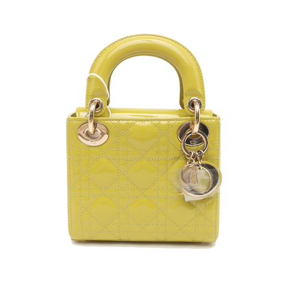 Lady Dior Mini Handbag Yellow Patent Leather Gold-tone Chain Strap Rovelle Bags