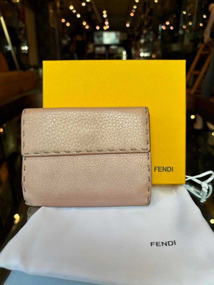 Fendi Light Pink Leather Selleria Stitch Compact Wallet Rovelle Bags