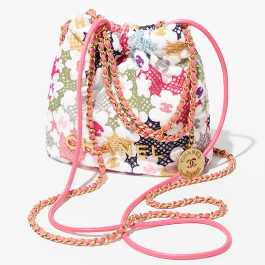 Blooming Raffia Chanel 22 In Lace Patchwork With Gold-Tone Hardware Mini Size Rovelle Bags