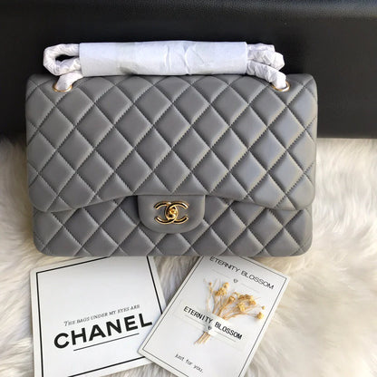 Chanel Classic Double Flap 30 Shoulder Bag Grey Silver Hardware