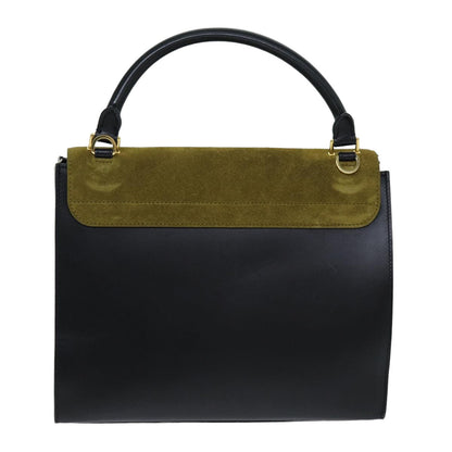 Luxury CELINE Trapeze Hand Bag Suede Leather 2way Black Khaki 76216