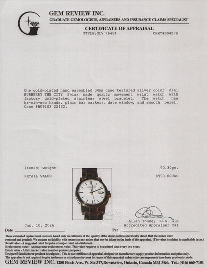 Burberry Gold-Plated Stainless Steel BU9103 34 MM The City Quartz Watch Silver Dial