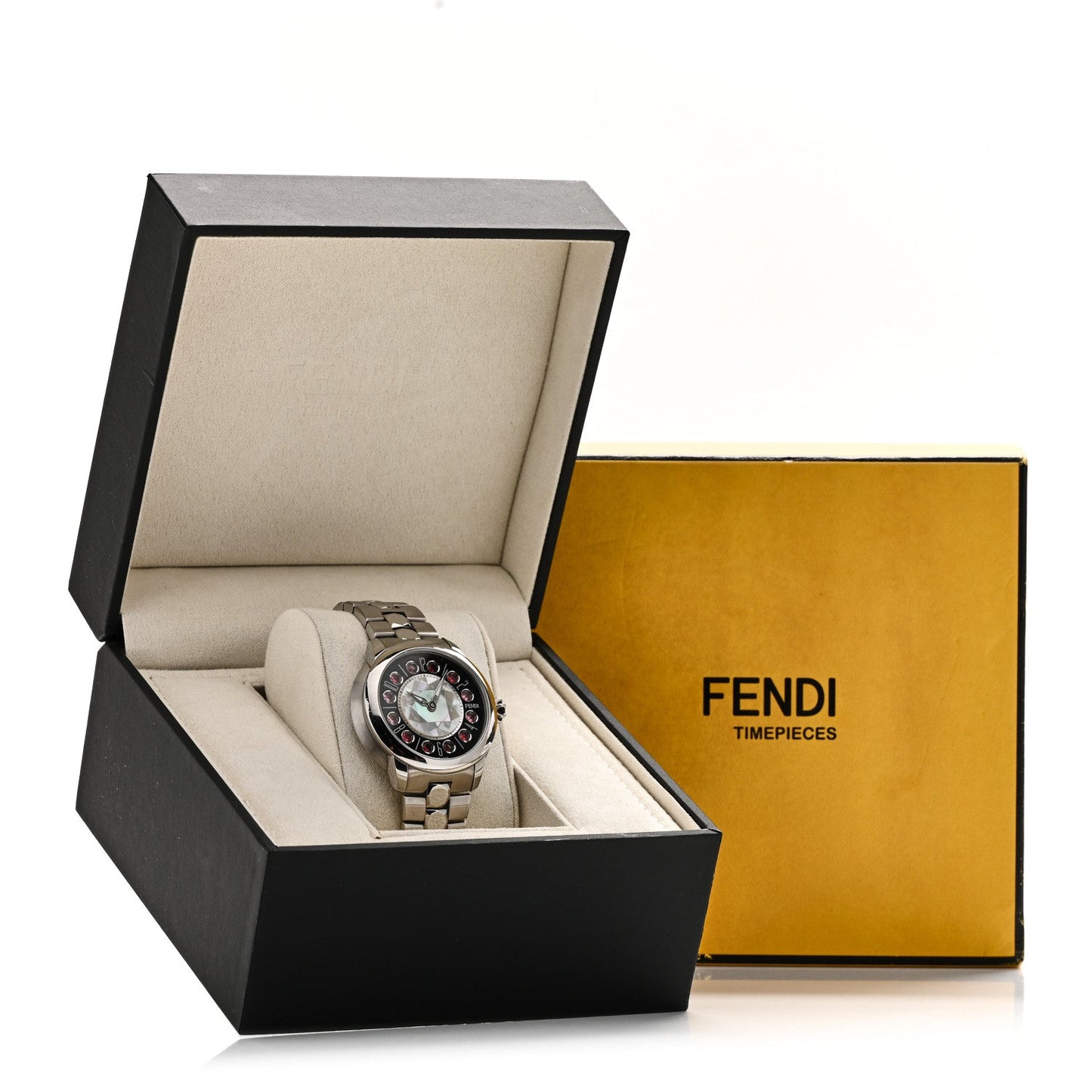 Stainless Steel Mother of Pearl Topaz Spinel 38mm Ishine Rotating Gem Two Tone Quartz Watch Black