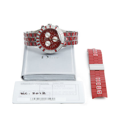 Christian Dior Stainless Steel Christal Diamond Bezel 38 MM Quartz Chronograph Watch Red Dial CD114311 w/ Papers & Extra Strap
