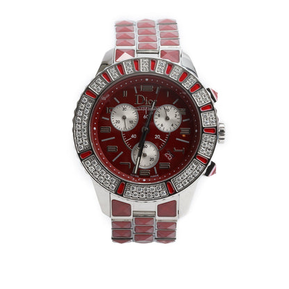Christian Dior Stainless Steel Christal Diamond Bezel 38 MM Quartz Chronograph Watch Red Dial CD114311 w/ Papers & Extra Strap