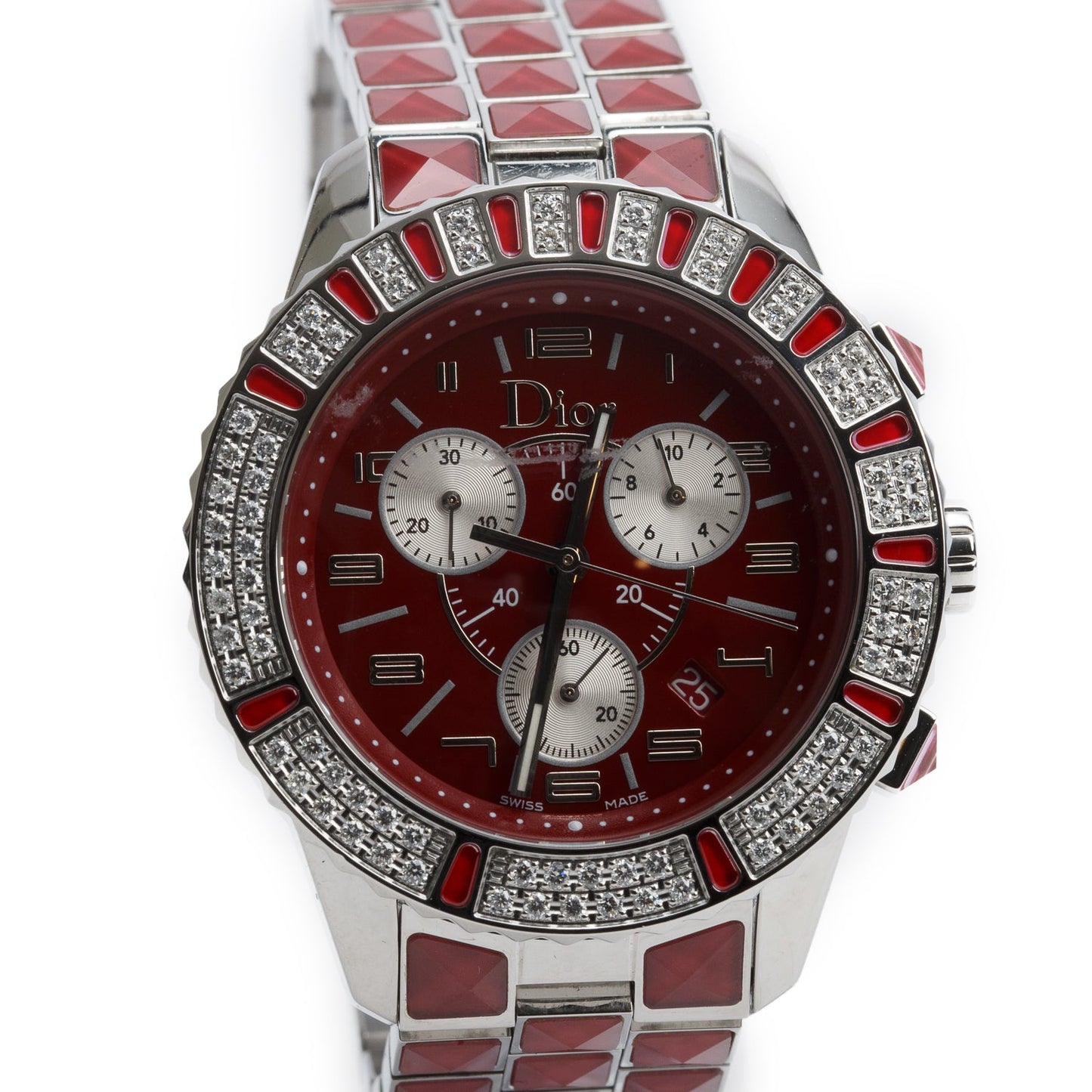 Christian Dior Stainless Steel Christal Diamond Bezel 38 MM Quartz Chronograph Watch Red Dial CD114311 w/ Papers & Extra Strap