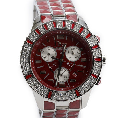 Christian Dior Stainless Steel Christal Diamond Bezel 38 MM Quartz Chronograph Watch Red Dial CD114311 w/ Papers & Extra Strap