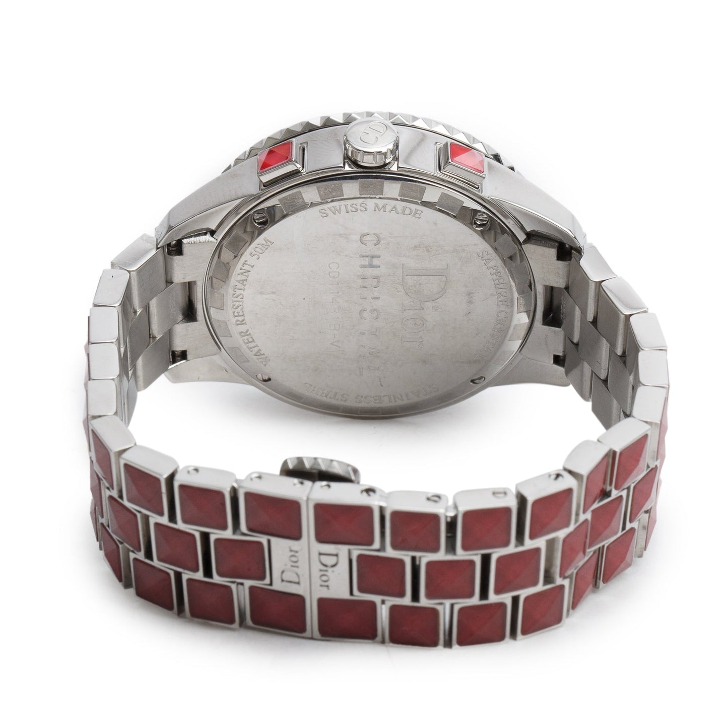 Christian Dior Stainless Steel Christal Diamond Bezel 38 MM Quartz Chronograph Watch Red Dial CD114311 w/ Papers & Extra Strap