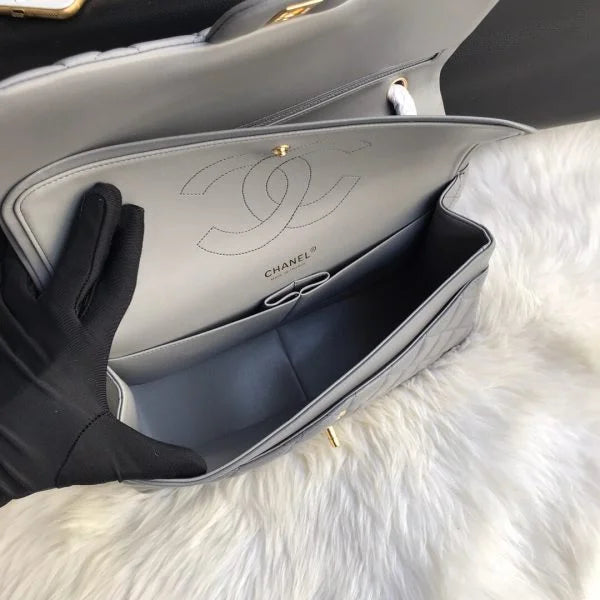 Chanel Classic Double Flap 30 Shoulder Bag Grey Silver Hardware