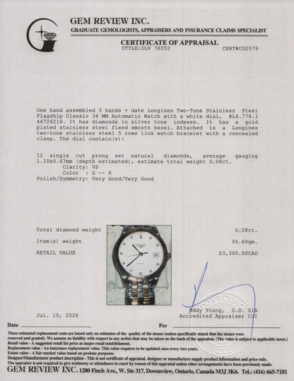 Longines 2022 Two-Tone Stainless Steel Flagship Classic 36 MM Automatic Watch White Diamond Dial w/ Box & Papers