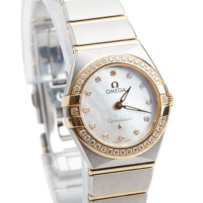 Omega 2024 Stainless Steel & 18k Yellow Gold Diamond Bezel Constellation 25 MM Quartz Watch Mother of Pearl Diamond Dial w/ Box & Papers