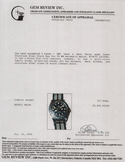 Tudor 2024 Stainless Steel Black Bay Pro 39 MM Automatic Watch Black Dial 79470 w/ Box & Papers