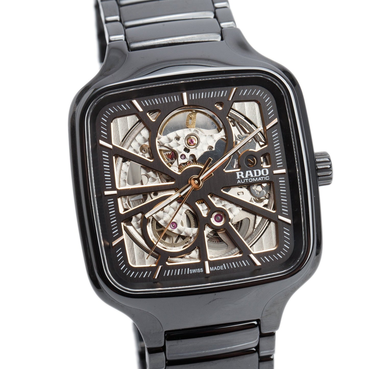 Rado Black High-Tech Ceramic True Square Open Heart 38 MM Automatic Watch Skeleton Dial R27086162