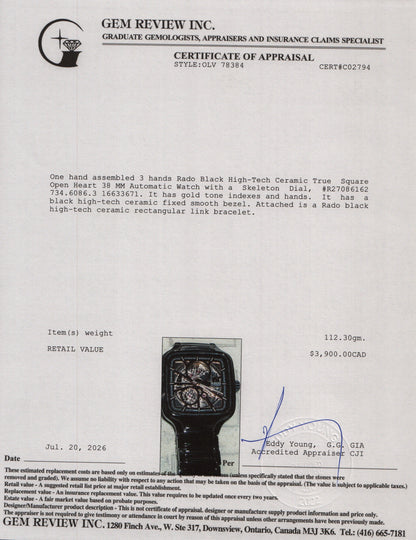 Rado Black High-Tech Ceramic True Square Open Heart 38 MM Automatic Watch Skeleton Dial R27086162