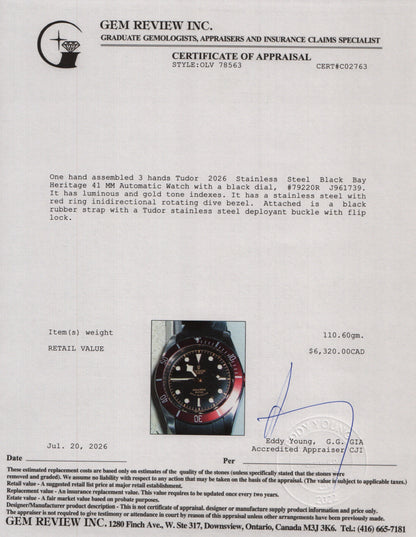 Tudor 2026 Stainless Steel Black Bay Heritage 41 MM Automatic Watch 79220R w/ Box, Papers & Extra Strap