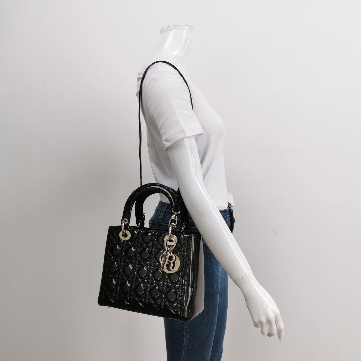 Lady Dior Medium Black Patent Leather Handbag with Silver Hardware Rovelle Bags