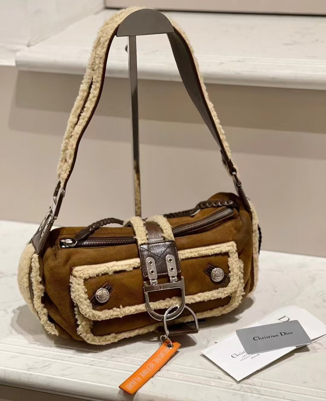 Dior Flight Medium Shoulder Bag Tan Brown Shearling Rovelle Bags