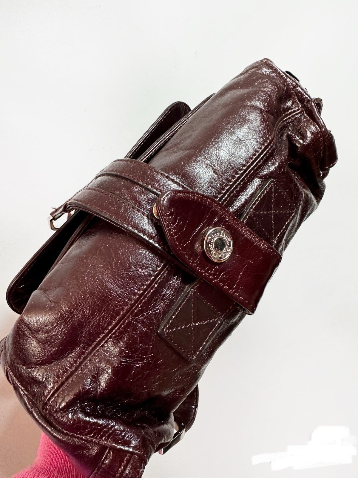 Dior Flight Medium Shoulder Bag Wine Burgundy Crumpled Patent Lambskin Leather Rovelle Bags