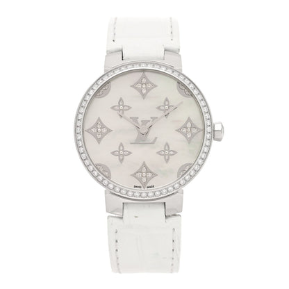 Stainless Steel Alligator Diamond Bezel Mother of Pearl 33mm Tambour Slim Quartz Watch