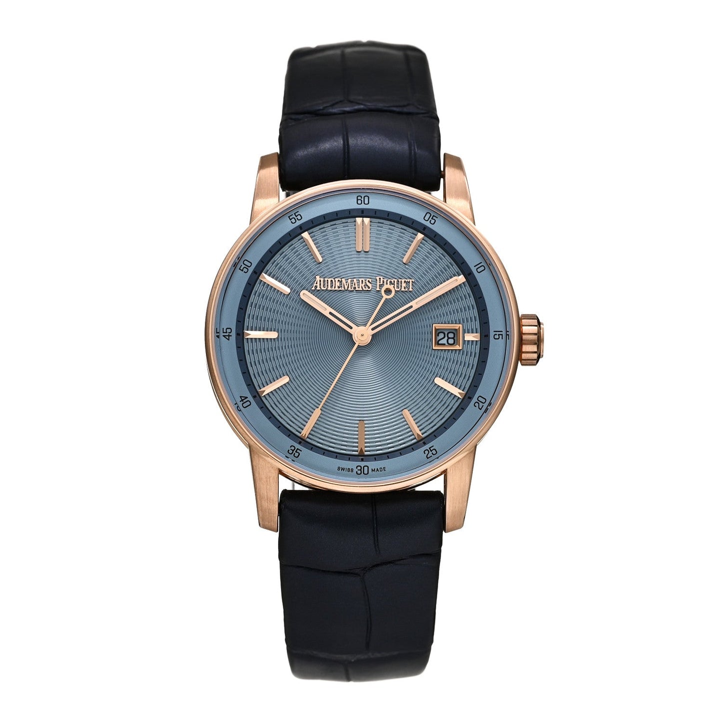 18K Rose Gold Alligator 38mm Code 11.59 Automatic Watch Blue 77410OR.OO.A344CR.01