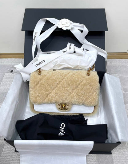 Chanel 24 Flap Bag Shearling Lambskin Gold-Tone Metal Beige Brown Rovelle Bags