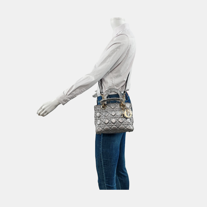 Lady Dior Small Supple Calfskin Leather Metallic Grey Cannage Handbag with Strap Rovelle Bags