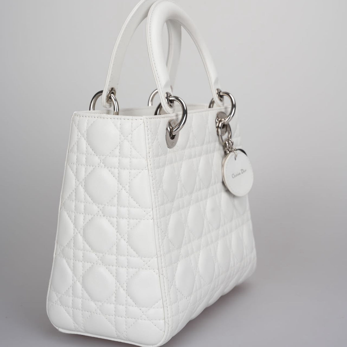 Christian Dior White Medium Lady Dior Bag In Cannage Lambskin Leather With Silver Hardware Rovelle Bags