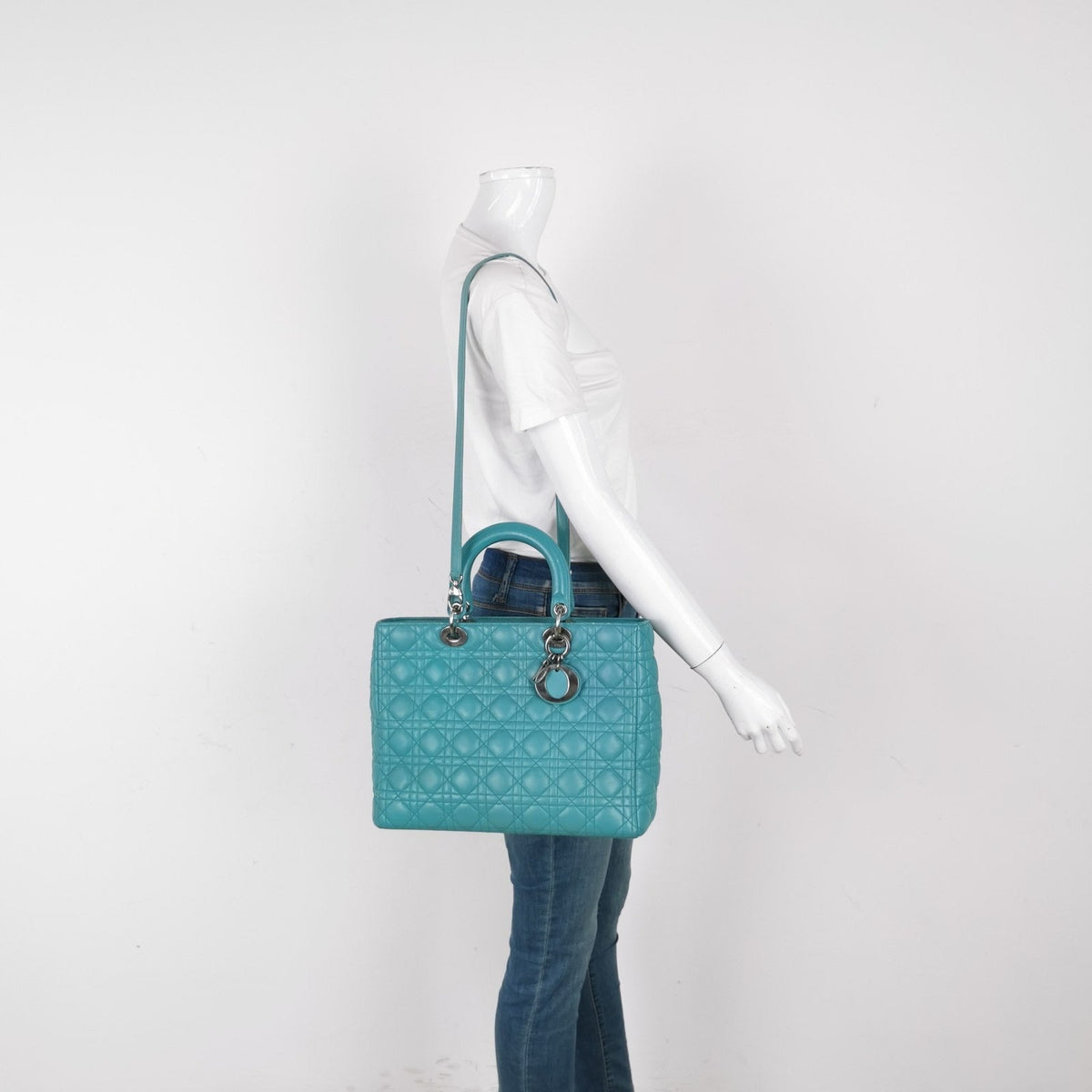 Lady Dior Large Bag Teal Blue Lambskin Cannage Leather Rovelle Bags
