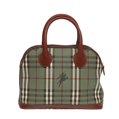 Luxury BurberrySs Nova Check Hand Bag PVC 2way Green Gold Auth 87235