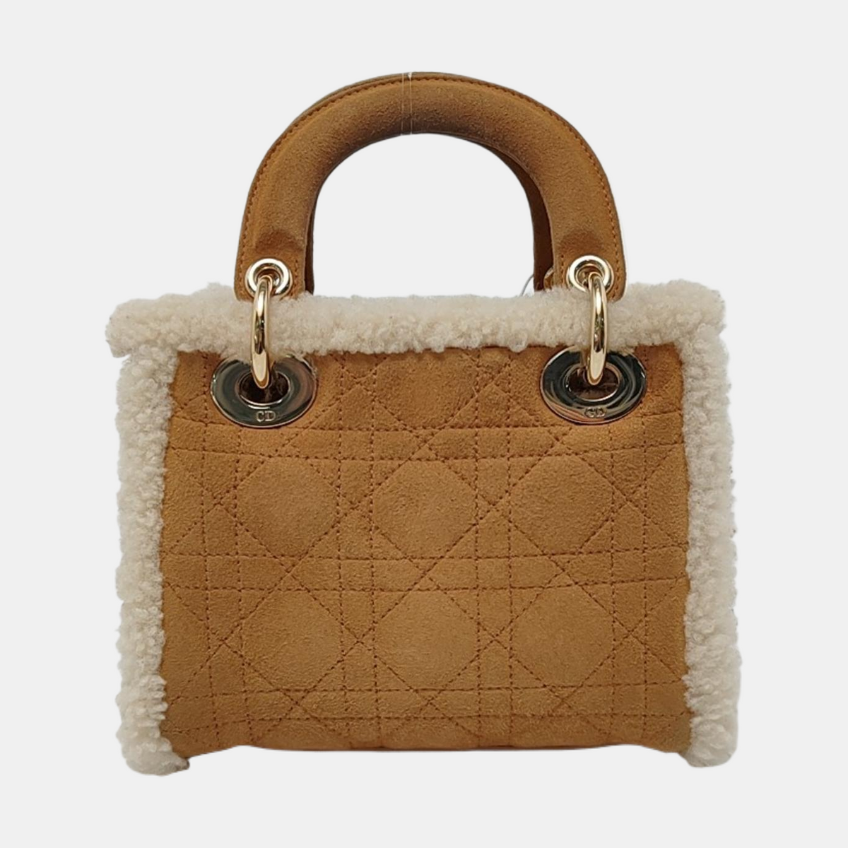 Lady Dior Mini Handbag Brown Leather Shearling Gold Hardware Rovelle Bags