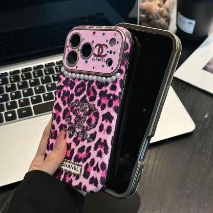 Leopard-print, pearl, and diamond iPhone case
