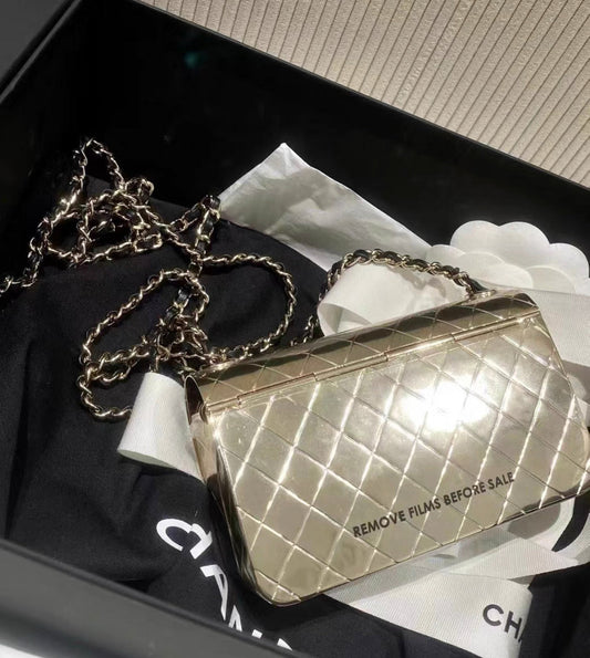 Chanel Quilted Hammered Metal Mini Classic Flap Evening Box Bag Gold Hardware 2022 Rovelle Bags