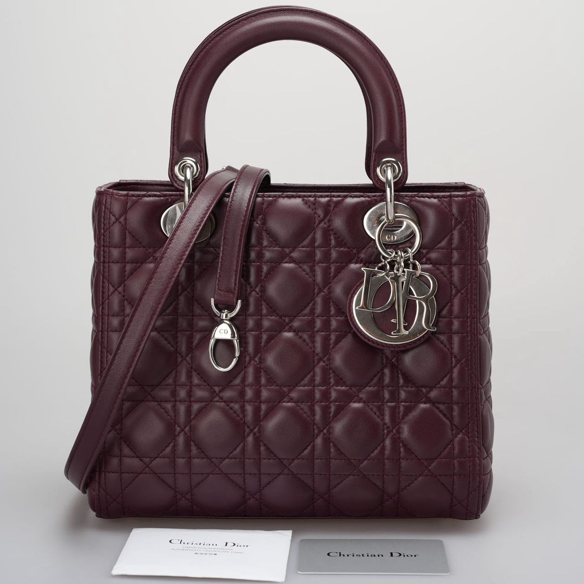 Christian Dior Burgundy Lady Dior Bag In Cannage Lambskin Leather With Silver Hardware Medium Lp Rovelle Bags