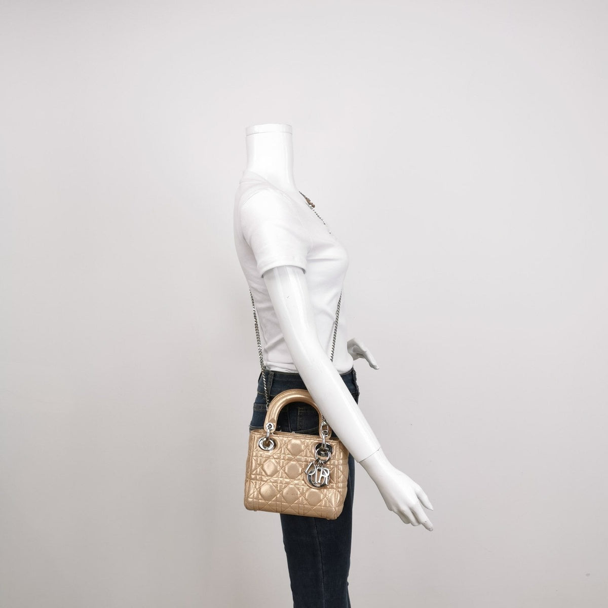 Lady Dior Mini Gold Textile Cannage handbag with strap Rovelle Bags