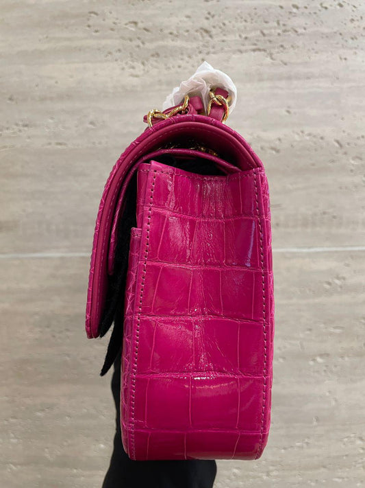 Chanel Medium Pink Crocodile Alligator Flap Bag Gold Hardware Rovelle Bags