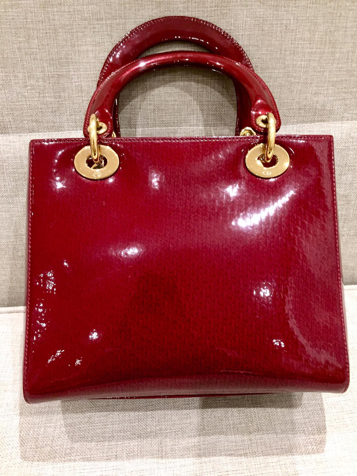 Lady Dior Medium Red Patent Leather Monogram Embossed Handbag Gold Hardware Rovelle Bags