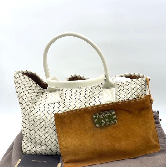 Bottega Veneta Cabat Tote Small/Medium Intreccio Cream White Leather and Suede Lining 32cm
