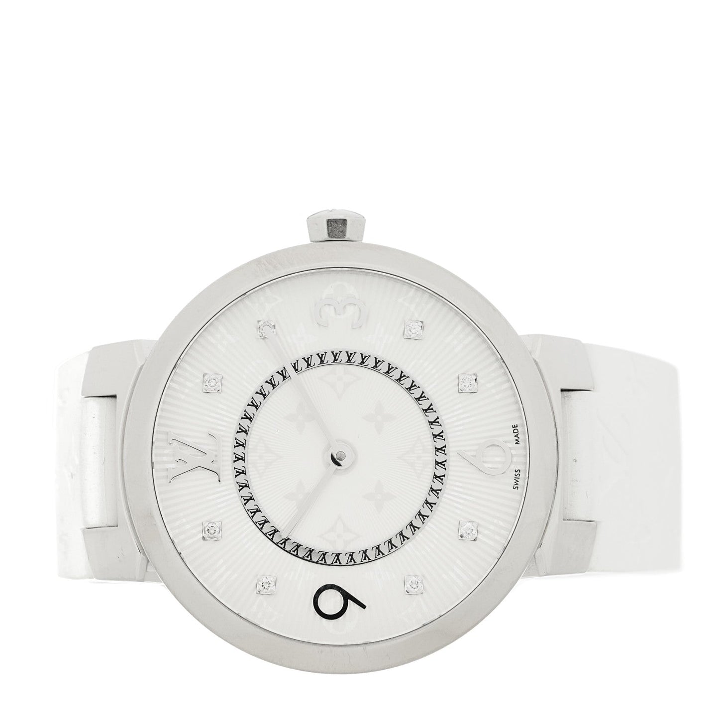 Stainless Steel Rubber Diamond 33mm Tambour Slim Quartz Watch White