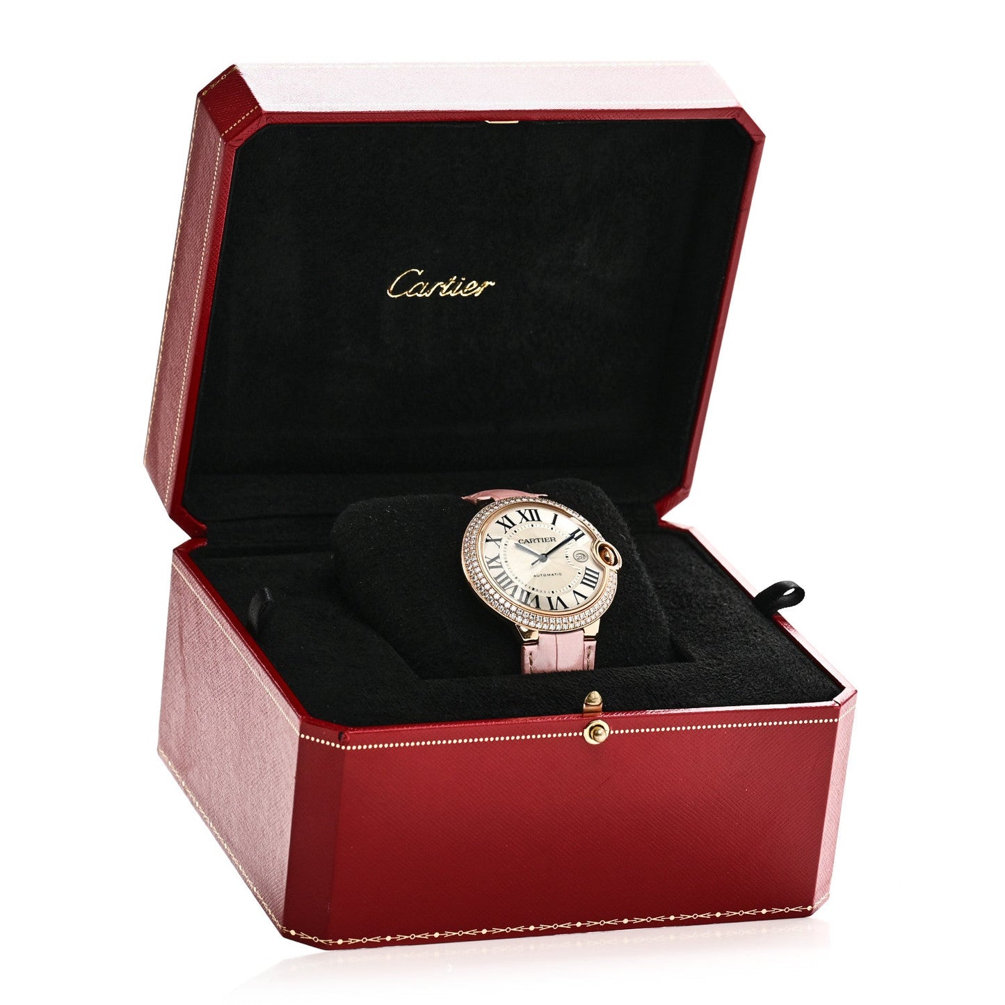 18K Pink Gold Alligator Diamond Bezel 42mm Ballon Bleu De Cartier Automatic Watch Pink