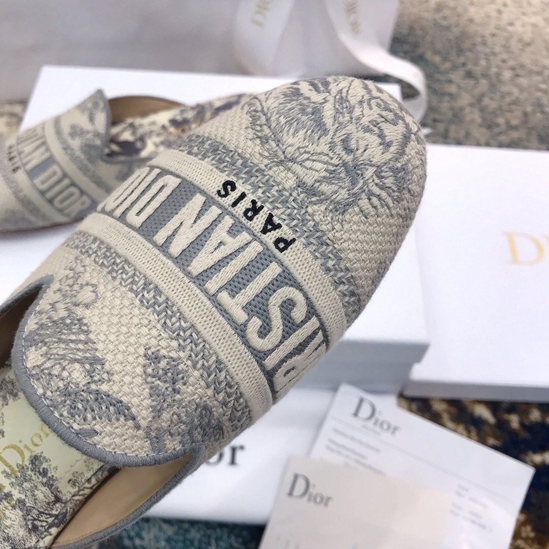 Dior Off Embroidered Cotton Flat Mules With Toile de Jouy Motif