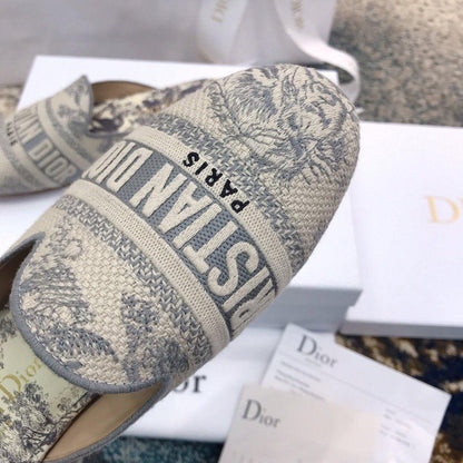 Dior Off Embroidered Cotton Flat Mules With Toile de Jouy Motif