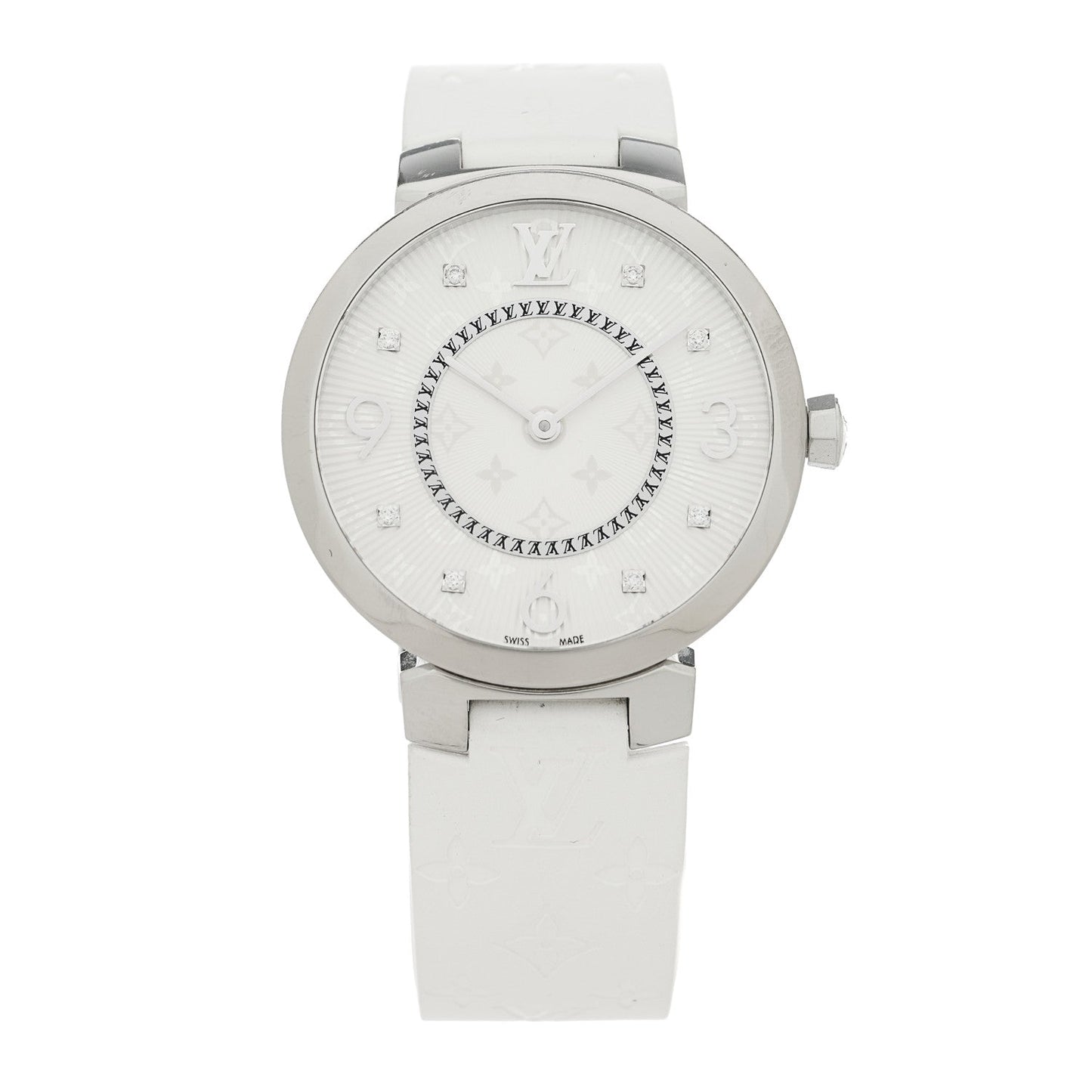 Stainless Steel Rubber Diamond 33mm Tambour Slim Quartz Watch White