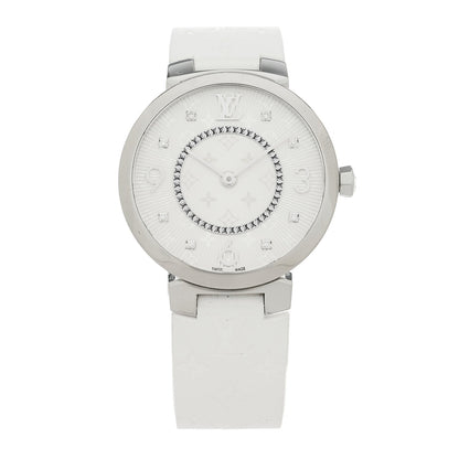 Stainless Steel Rubber Diamond 33mm Tambour Slim Quartz Watch White