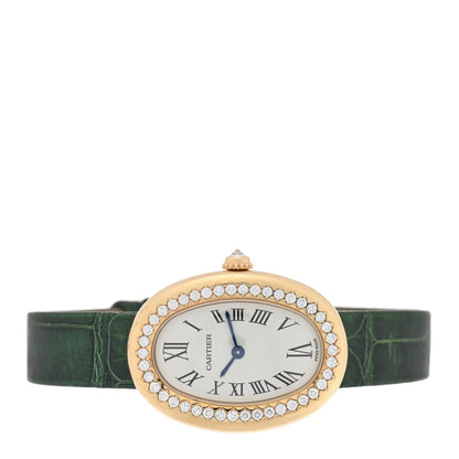 18K Yellow Gold Alligator Diamond Bezel 24mm Baignoire Quartz Watch Green