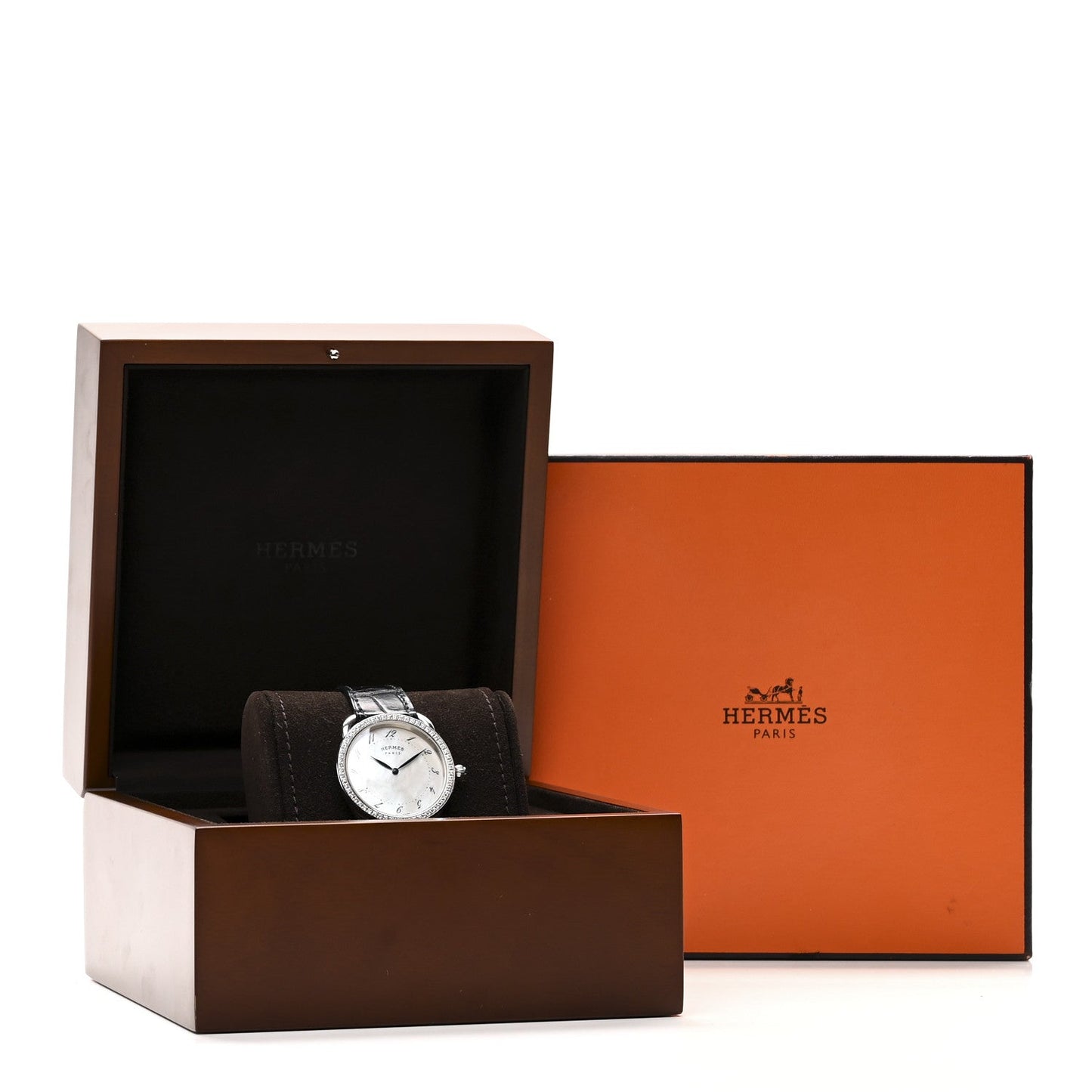 Stainless Steel Alligator Diamond Bezel Mother of Pearl 38mm Arceau Quartz Watch Noir