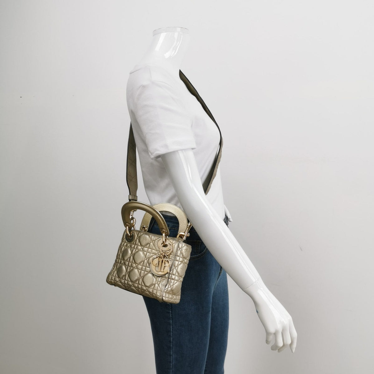 Lady Dior Mini Supple Calfskin Leather Gold Cannage Handbag with Strap Rovelle Bags