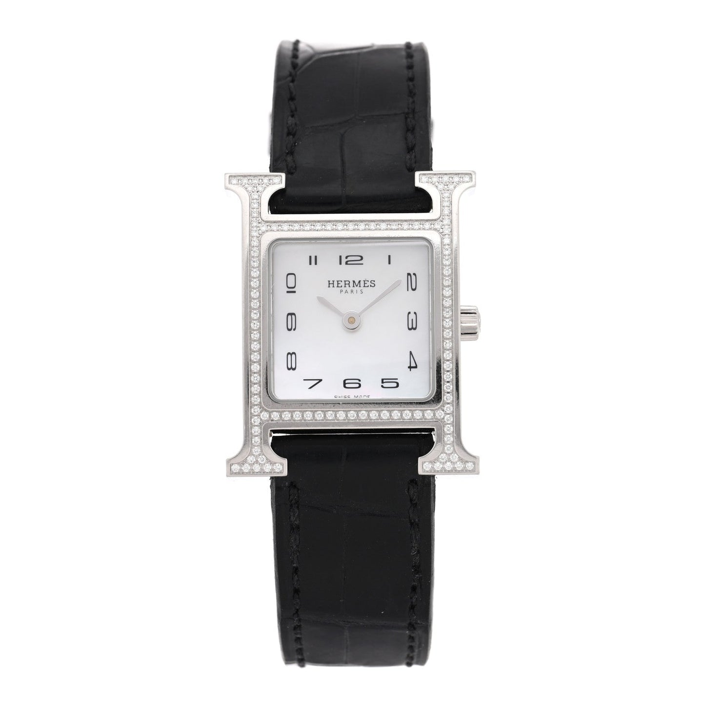 Stainless Steel Alligator Diamond Bezel Mother of Pearl 21mm Heure H Hour Quartz Watch Noir