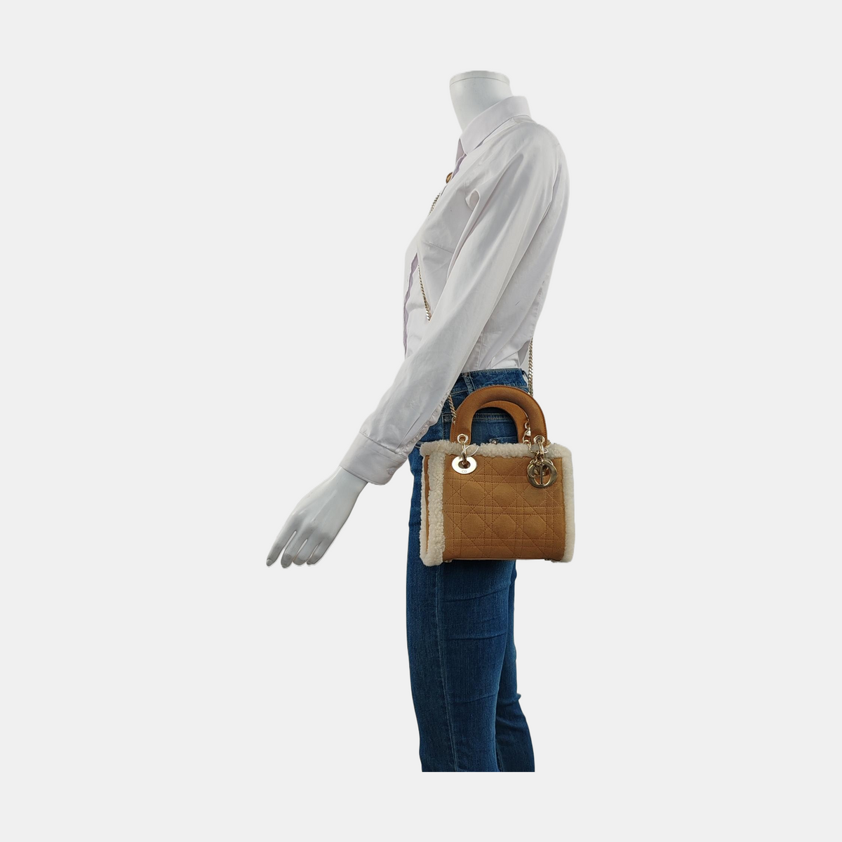 Lady Dior Mini Handbag Brown Leather Shearling Gold Hardware Rovelle Bags