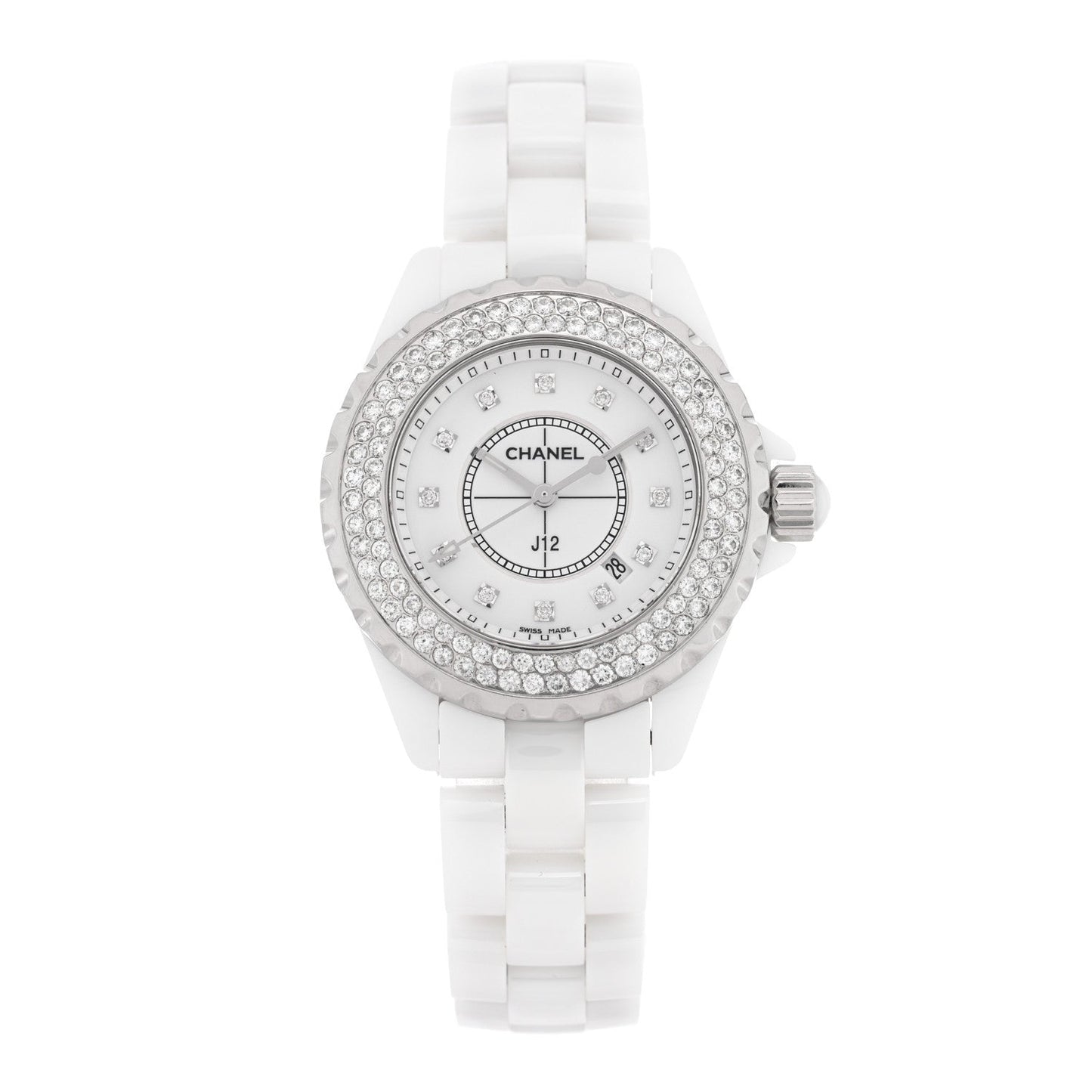 Stainless Steel Ceramic Diamond Pave Bezel 33mm J12 Quartz Watch White