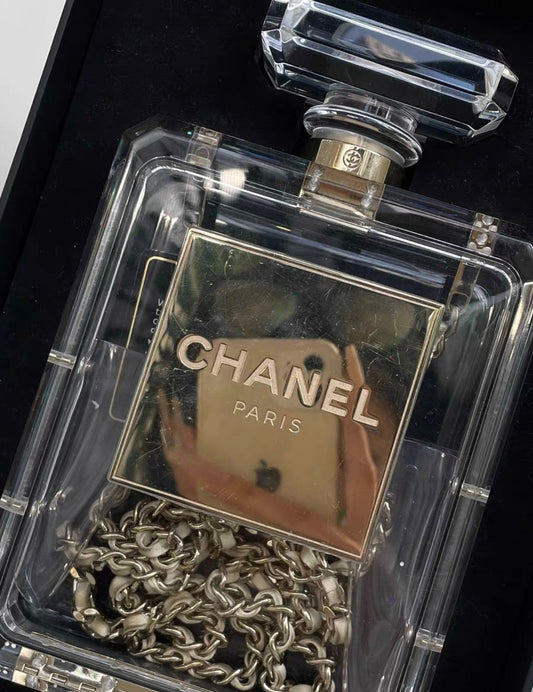 Chanel Minaudiere No 5 Perfume Clutch Transparent Plexiglass Light Gold Hardware Rovelle Bags